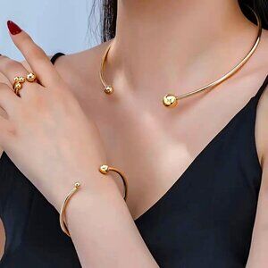 3 Pc Necklace Ring Bracelet Set Ring Open Collar Choker Bangle Gold Tone SImple